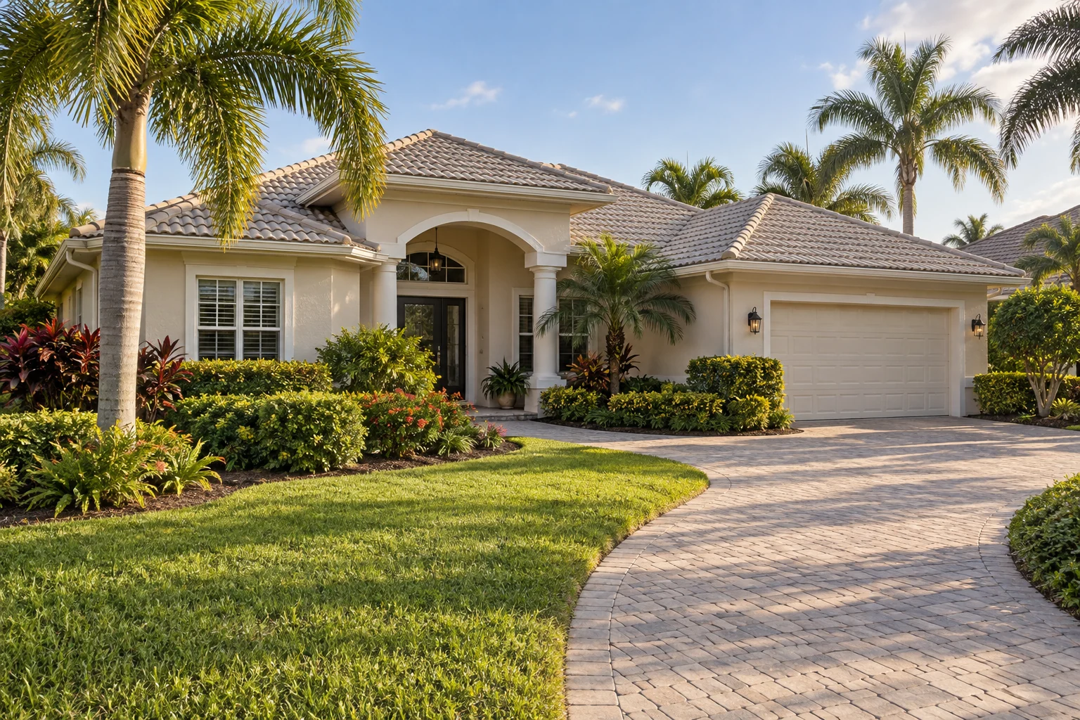 Illustration of a Florida stucco home with a tile roof and palm landscaping